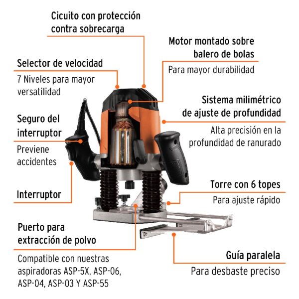 TRUPER RUTEADORA INDUSTRIAL 1-3/4 HP 1.200 WATTS VEL/VARIABLE 7 NIVELES - Image 2